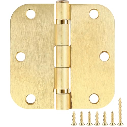 Rounded Door Hinges Brushed Brass 3.5 Inch 5 (Satin Brass-Rounded / 6 Pack-Ball Bearing-lasting no squeak)