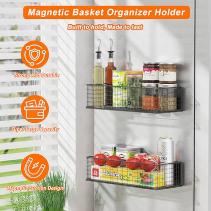 2Pack Magnetic Basket Organizer Holder for Fridge Magnetic Storage Bin Box Containers for Refrigerator Whiteboard Classroom (Magnetic Basket Organizer Holde)