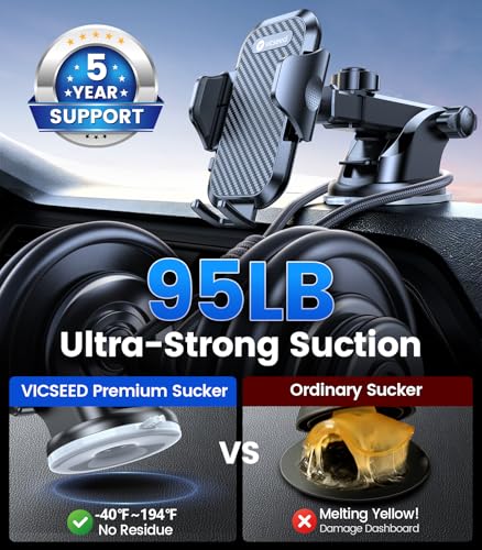 2026 Ultimate Sturdy Car Phone Holder [Upgraded 95+LBS Strongest Suction] Universal Long Arm Cellphone Mount for Car Dashboard Windshield Vent Truck Boat for iPhone 17 16 Pro Max & Android (Classic Black)