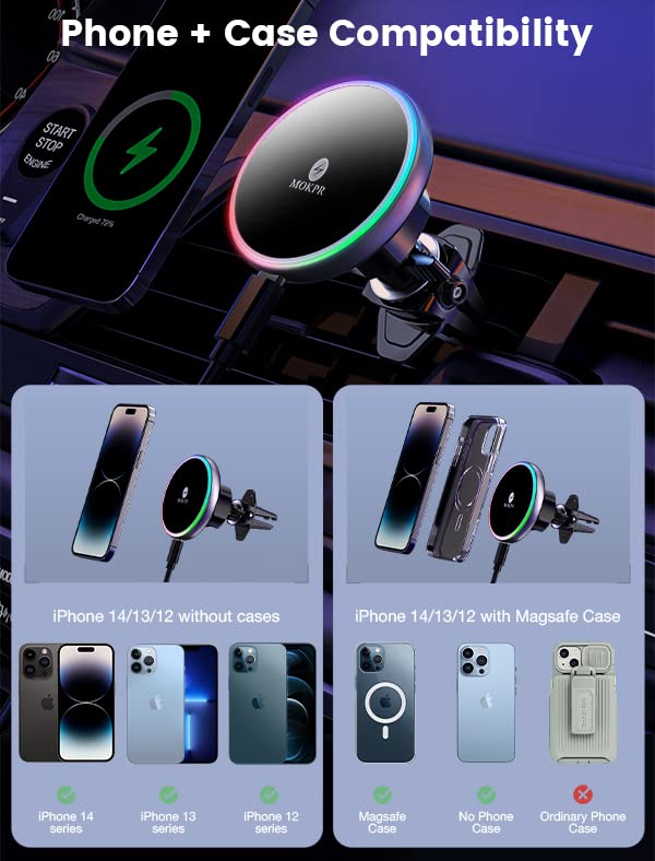 for Magsafe Car Mount Charger 15W LED RGB Car Phone Holder for Dash Vent (Brigh Black)