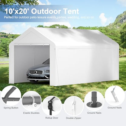 Carport 10‘ x 20’ Garage Car Canopy w (White / 10' x 20' /with side)
