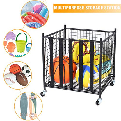 Garage Sports Ball Storage Rack Lockable Stackable Ball Cage Rolling Cart (Matt Black)