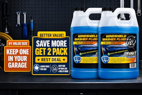 2-in-1 Windshield Washer Fluid 2-Pack (1 Gallon Each, 256 fl oz Total) – Ready to Use, Streak-Free Formula, All-Weather Cleaning, Removes Bugs, Dirt & Road Grime – Premium Windshield Cleaner (Blue / 128 Fl Oz (Pack of 2))