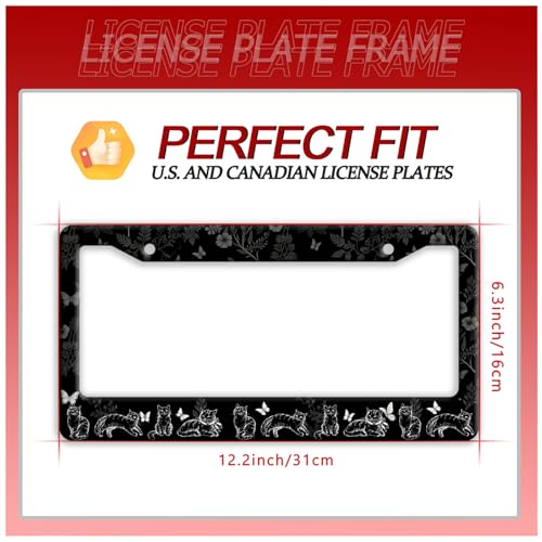 Black White Cats License Plate Frame Stainless Steel Cat License Holder (Cats Butterflies Floral)
