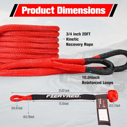 3 4” x 20FT Kinetic Recovery Rope Kit with 2 Soft Shackles (Red / 3/4” x 20FT)