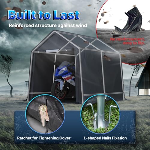 8x8 ft Storage Shelter Garage Tent with 2 Roll up Doors & Vents Outdoor Portable Carport for Motorcycle ATV Anti (Dark Gray / 8'x8')