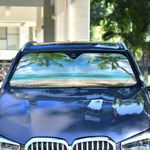 Car Windshield Sun Shade Beach with Palm Trees Blue Sky02 Foldable Car Front Windshield Sunshade Blocks UV Rays Sun Visor Sun Heat Protection for Car Truck SUV to Keep Your Vehicle Cool (Small / Beach with Palm Trees)