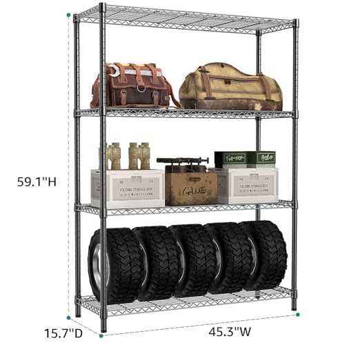 1400 LBS Garage Black Shelving Wide Storage Shelves 4 Tier Adjustable Heavy Duty Metal Wire Rack Standing Shelf Unit for Kitchen Office College Dorm Garage Warehouse 15.8" x 45.8"x 59.4" (4 Tier, 15.8" D x 45.8" W x 59.4" H / Black)