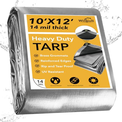Heavy Duty Tarp 14 Mil Tarp Waterproof Silver 10x12 FT (Silver/Black-14mil / 10'x12')