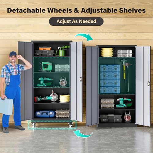 75" Tall Metal Storage Cabinet with Wheels (75"H x 31.5"W x 16"D / Black Gray)