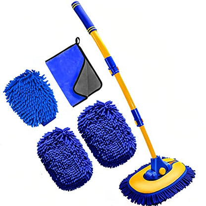 15°Curved Chenille Car Wash Brush Mop with Long Handle (Blue-003)