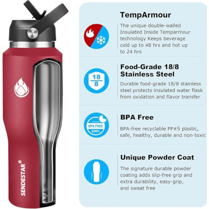 40oz Water Bottle Wide Mouth Stainless Steel Vacuum Insulated Double Wall with Straw Lids Fit in Any Car Cup Holder (Red / 40 Ounces)