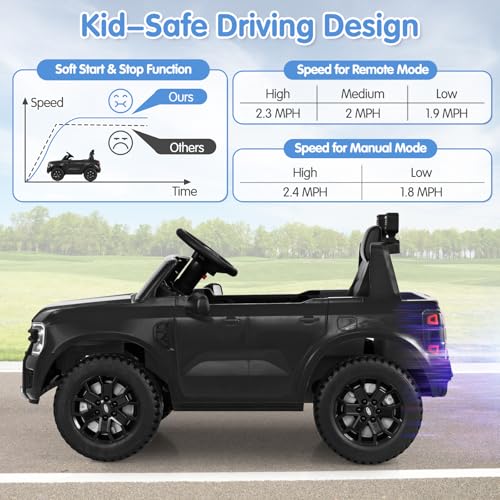 Ride On Car 12V Licensed Ford Ranger Electric Vehicle for Kids (Black / 41.5” x 25” x 24”)