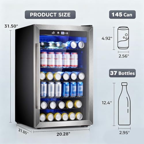 Wine Cooler 37 Bottle Freestanding Fridge with Stainless Steel Reversible Glass Door (Silver)