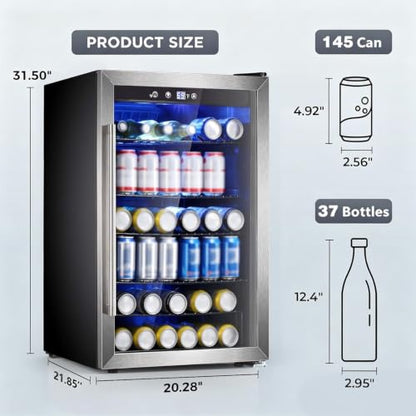Wine Cooler 37 Bottle Freestanding Fridge with Stainless Steel Reversible Glass Door (Silver)
