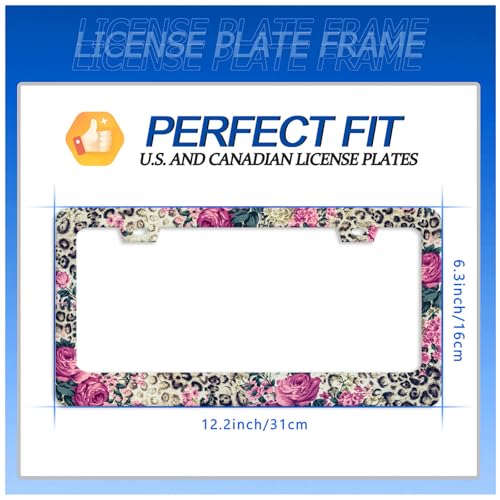Rose Leopard License Plate Frame Stainless Steel Accessories12.3 x 6.3" (Vintage Roses Leopard Print)