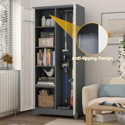 72'' Metal Utility Storage Cabinet with Pegboard & Tool Hanging Bars (Gray&white / 72.8"H Broom Cabinet)