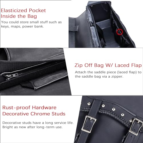 Naked Cowhide Leather Motorcycle Saddle Bags Studded Throw Over Saddlebags (Black 31L Studded & Braided)