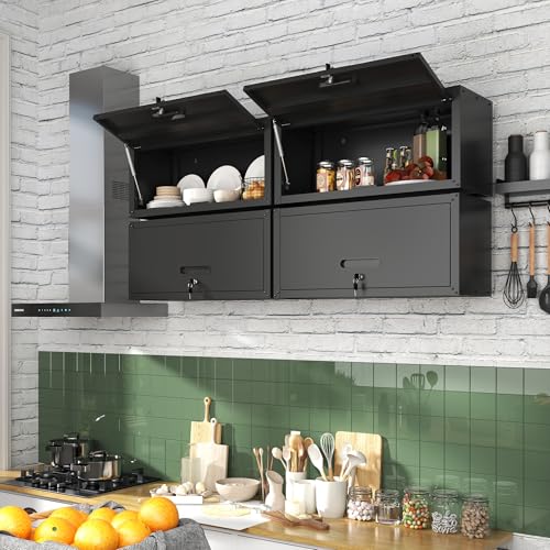Wall Mounted Metal Storage Cabinet (Black / H13.58" - Flip-up Door)