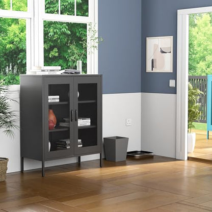 Metal Storage Cabinet with Mesh Doors and Shelves (Black-mesh / 40''H)