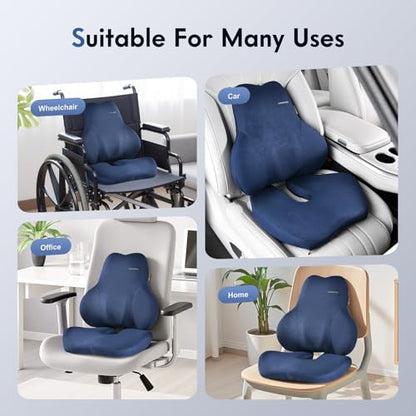 Memory Foam Car Seat Cushion and Lumbar Support Pillow for Car (Blue / 2 Pieces)