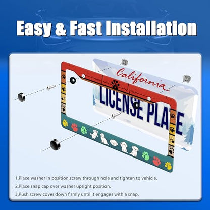 Funny Dog License Plate Frame Stainless Steel Car Accessory 6x12 Inch (Cute Dog With Paws Printed)