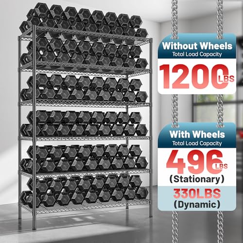 Heavy Duty 6 Tier Rolling Storage Shelves with Wheels for Garage (82"H X 45"W X 18"D-Black)