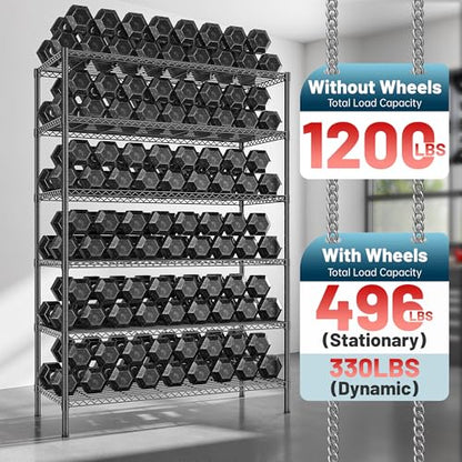 Heavy Duty 6 Tier Rolling Storage Shelves with Wheels for Garage (82"H X 45"W X 18"D-Black)