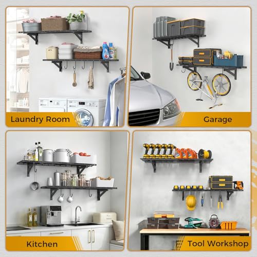 2 Pack Garage Wall Shelving with 4 Hooks (2 pack-1x4ft with 4 hooks)