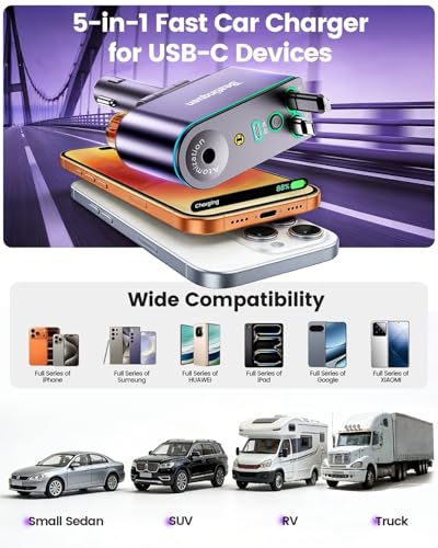 5 in 1 Retractable Car Charger USB C