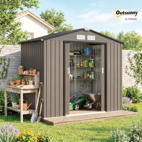 7' x 4' Outdoor Storage Shed Garden Tool Metal Shed Brown (Brown / 7' x 4')