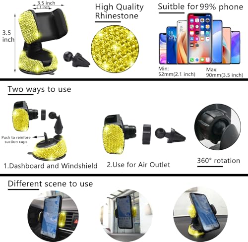 27 PCs Yellow Bling Car Accessories Set for Women (Yellow Diamond)
