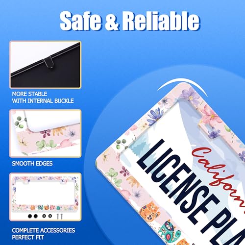 Cat Flowers License Plate Frame Stainless Steel Accessory 12.3x6.3 Inch (Animal Cat and Flower)
