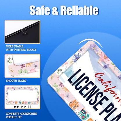 Cat Flowers License Plate Frame Stainless Steel Accessory 12.3x6.3 Inch (Animal Cat and Flower)