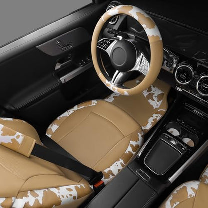 Cow Print Faux Leather Car Seat Covers & Cow Car Mats & Cow Steering Wheel Cover Seat Belt Pads Universal fit for SUV (Cow Print Beige)