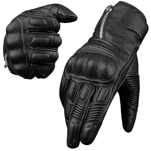 Leather Motorcycle Motorbike Knuckle Protection Powersports Gloves (Black/Zip / Large)