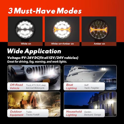 LED Light Pods Bar 4 Inch 30000LM 60W Round Spot Flood Amber White Driving Offroad Fog Work Backup Bumper for Truck Jeep ATV UTV SUV Tractor Motorcycle 4x4 Cart Trailer Boat Waterproof 2PCS (Round)