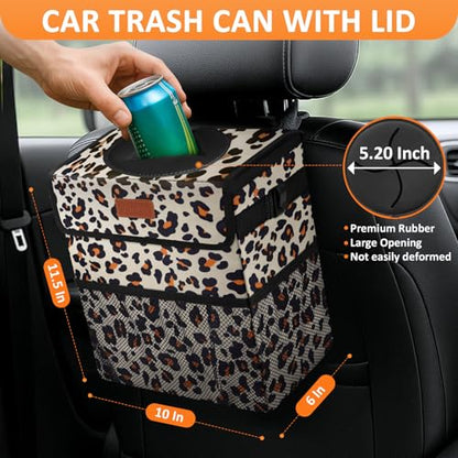Car Trash Can with Lid Leak Proof Car Accessories for Women (3 Gallons / Leopard Print Pattern)