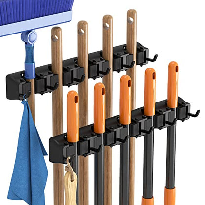 Mop and Broom Holder Organizer Wall Hanging Mount (Black)