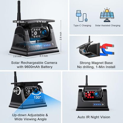 7" HD 1080P Magnetic Solar Wireless Backup Camera 1 Min DIY Install (Murky Black / 7-inch 2-Camera)
