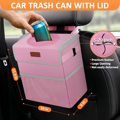 Car Trash Can with Lid Leak Proof Car Accessories for Women (3 Gallons / Pink)