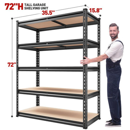 2000LBS Garage Shelving Heavy Duty Storage Shelves 72" H Metal Shelving for Garage Shelves Adjustable 5 Tier Metal Shelf for Pantry Closet Kitchen Basement 35.5" W x 72" H x 15.8" D (15.8"D x 35.5"W x 72"H)