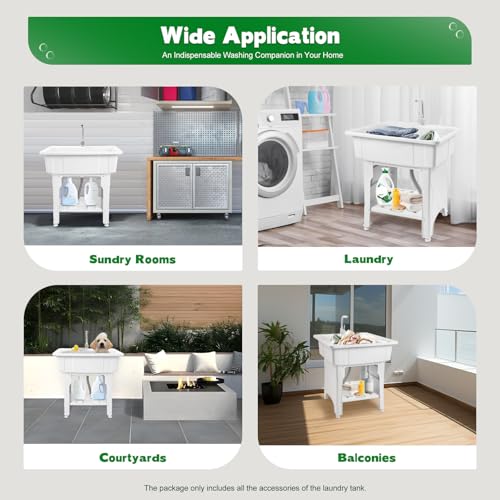 Freestanding Utility Sink Plastic Laundry Tub Sink with Storage Shelf Indoor Outdoor Slop Sink Wash Station for Bathroom Laundry Washing Room (E / White-31.5*22.05*31.5in)