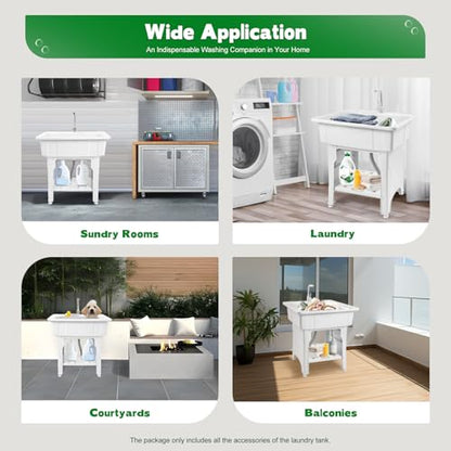 Freestanding Utility Sink Plastic Laundry Tub Sink with Storage Shelf Indoor Outdoor Slop Sink Wash Station for Bathroom Laundry Washing Room (E / White-31.5*22.05*31.5in)