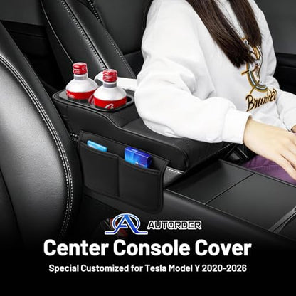 4-in-1 Center Console Cover for Tesla Model Y/Model 3 2020-2026 Accessories Armrest Cushion with Multi-Purpose Storage Leather Middle Console Cover for Model Y Juniper/Model 3 Highland (12)20-26|Model Y&3|Black,+Thick,+ Pockets)