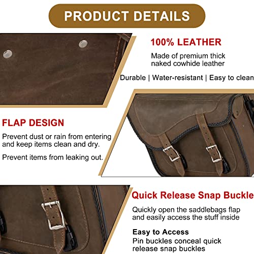 Naked Cowhide Leather Motorcycle Saddle Bags Throw Over Saddlebags (Vintage Brown 26L No Studs & Braided)