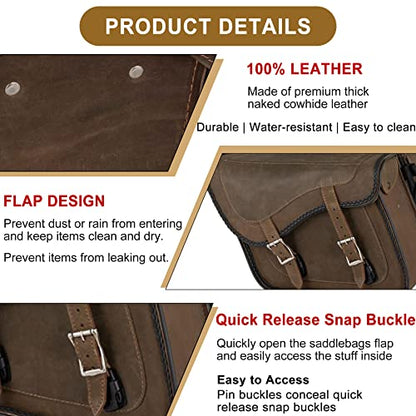 Naked Cowhide Leather Motorcycle Saddle Bags Throw Over Saddlebags (Vintage Brown 26L No Studs & Braided)