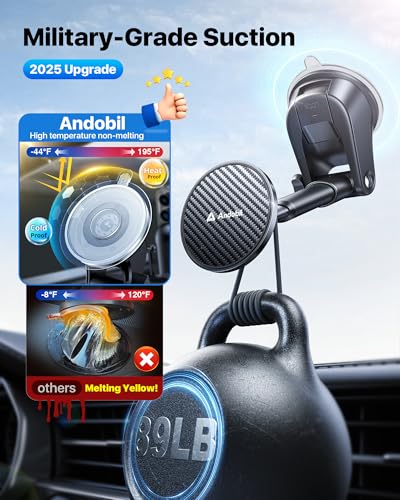 Military Grade】andobil 3 in1 Magnetic Phone Holder for Car Dashboard Windshield Vent 【Upgrade Suction & Strongest Magnet】Retractable for MagSafe Car Mount Mats for iPhone 17 16 15 14 Pro Max Sumsung (dashboard-black)