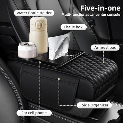 5-in-1 Car Center Console Armrest Cover Pad, Multifunctional Car Arm Rest Organizer with Cup Holder, Tissue Slot & Side Storage Pockets, Soft Leather Auto Armrest Cushion, Black (Black)