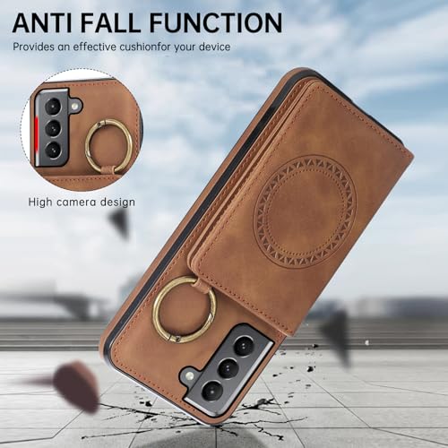 Compatible with Samsung Galaxy S21 5G 6.2 inch Wallet Case and Screen Protector Crossbody Shoulder Strap Ring Buckle Stand Card Holder Magnetic Car Mount Phone Cover for S 21 21S G5 Women Men Brown (Brown / for S21)